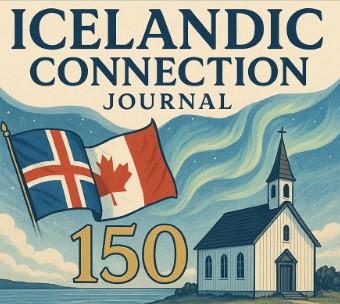 Image commemorating 150 years of New Iceland with an Icelandic style church and a combined flag for Iceland and Canada.